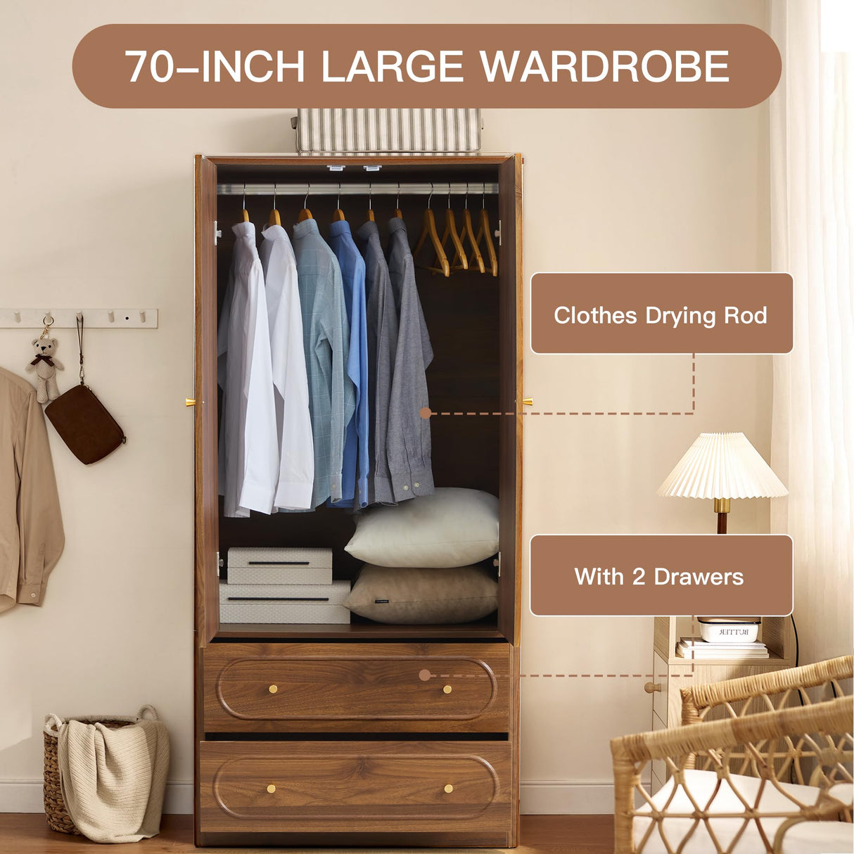 Fluted Freestanding Armoire Wardrobe Closet with 2 Doors and 2 Storage Drawers, Large Capacity Wardrobe Cabinet, Wooden Closet for Bedroom, Living Room - Walnut ORRD