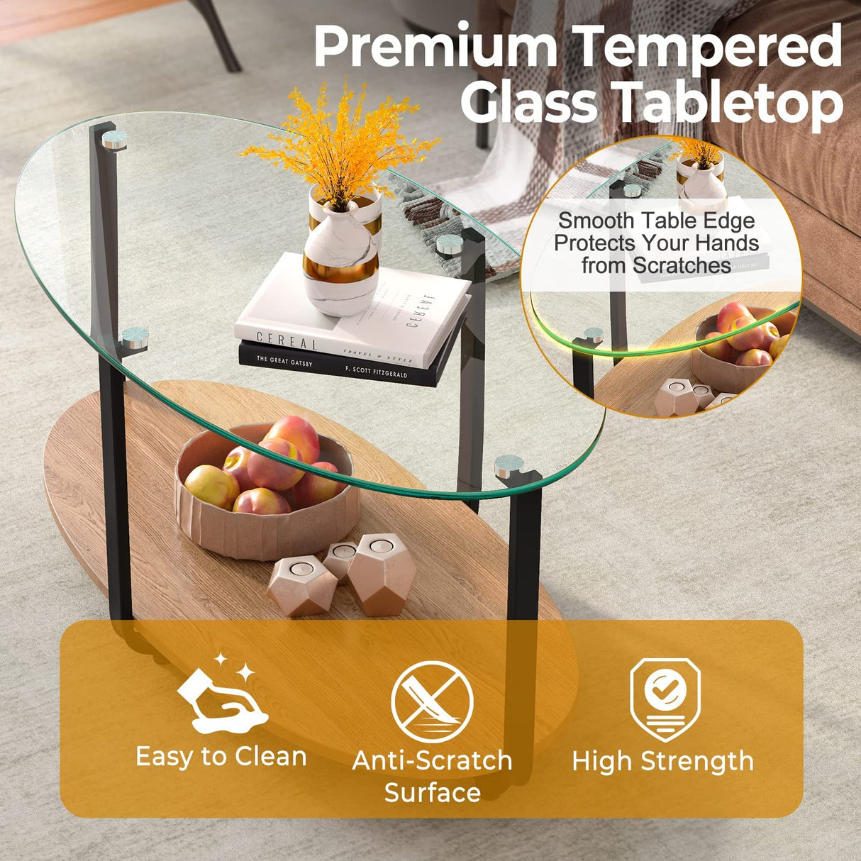 Tangkula Glass Coffee Table, 2 Tier Oval Tea Table with Tempered Glass Tabletop and Wooden Shelf, Modern Glass Sofa Center Table for Home Office, Metal Legs, Home Decor Accent Cocktail Table Tangkula