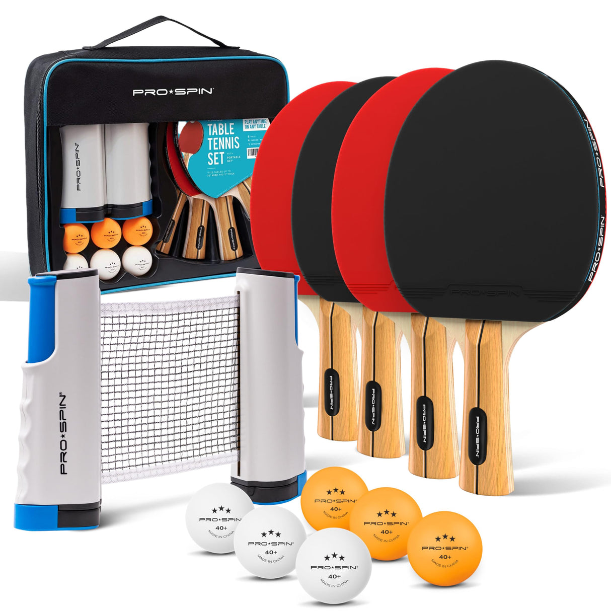 PRO SPIN All-in-One Ping Pong Set - Retractable Ping Pong Net for Any Table (72"), Ping Pong Paddles and Balls, Storage Case - Portable Table Tennis Gifts for Boys & Girls (4-Player Set) PRO SPIN
