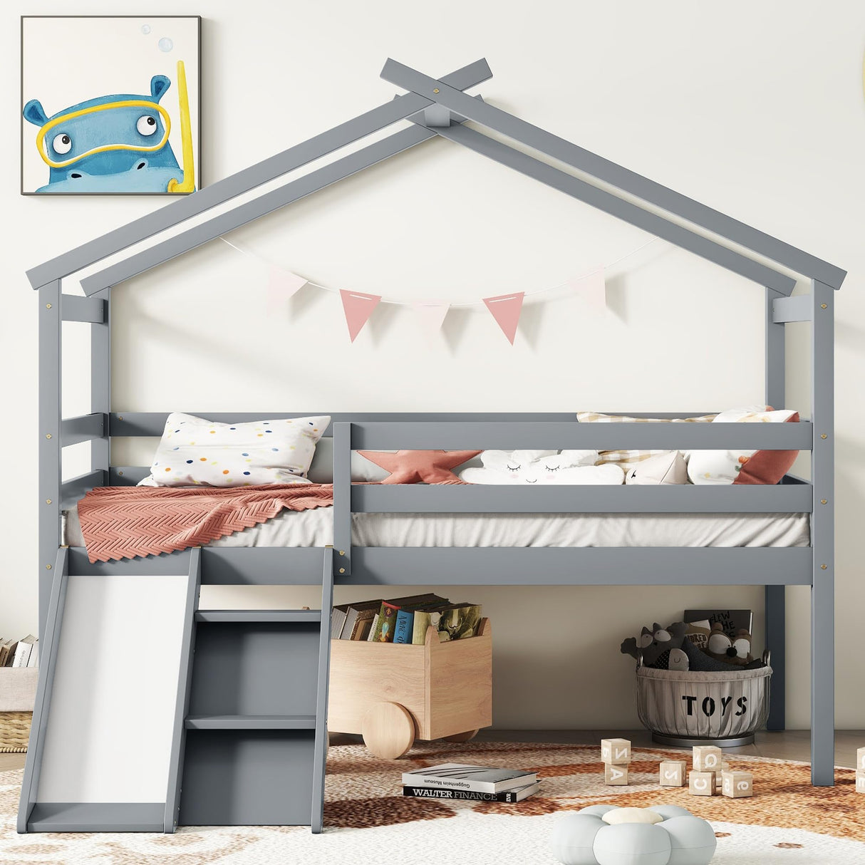Bellemave Twin Size Kids Low Loft Bed,House Loft Bed with Slide and Ladder,Solid Wood Low Loft Bed with Safety Guardrails for Girls Boys,Grey Bellemave
