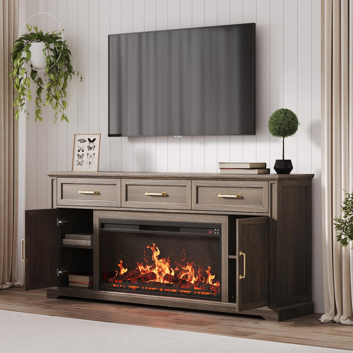 BELLEZE 68 Inch Farmhouse TV Stand with 36" Electric Fireplace with Sound, Entertainment Center with Storage Cabinets & 3 Drawers for TVs up to 75", Media Console for Living Room & Bedroom (Brown) BELLEZE