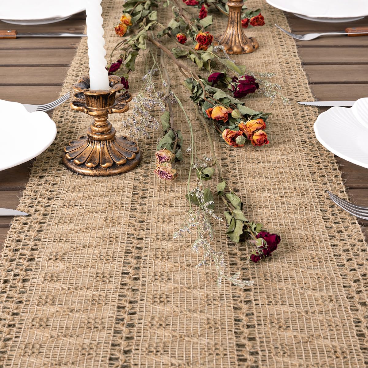 Socomi Boho Table Runner Fall Thanksgiving Farmhouse Burlap Jute Bamboo Rustic Dining Kitchen Centerpiece Decor Small Macrame Woven Coffee Table Runner for Dresser Scarf Home Decor 12x72 inch Socomi