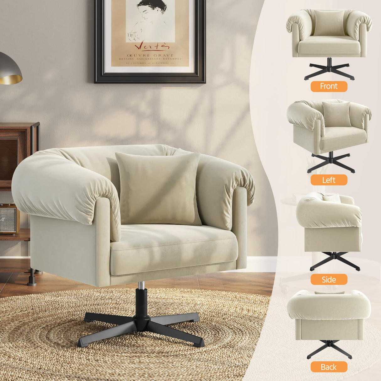 Yaheetech Swivel Velvet Armchair with Pillow, Modern Upholstered Accent Chair for Living Room, Comfy Cozy Single Sofa Chair for Bedroom/Reading Spaces Beige Yaheetech