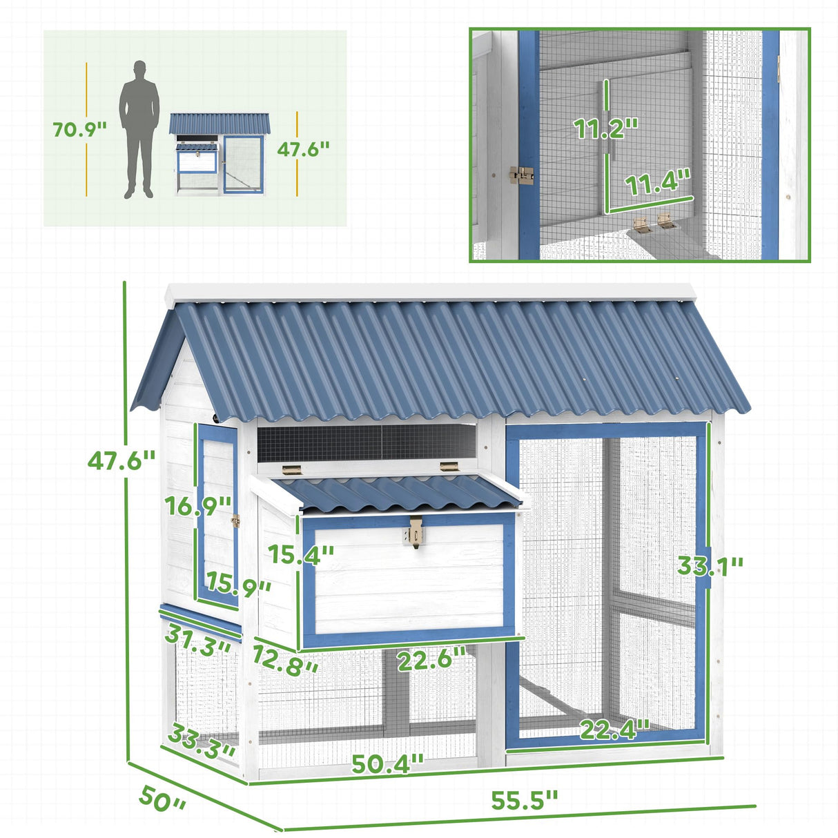 PawHut 55.5" Chicken Coop, Wooden Hen House with Run Box, Nesting Box, Removable Tray, Ramp, Outdoor Backyard Poultry Cage for 2-3 Chickens, White PawHut