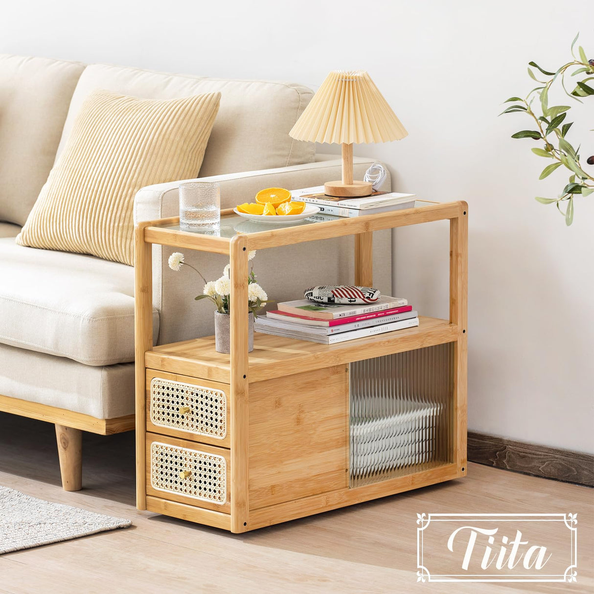 Tiita Rattan Nightstand Side Table, Bamboo Accent Bedside Tables, Glass Coffee Tables, Boho Wooden End Table with Storage for Small Space, Living Room and Bedroom Tiita