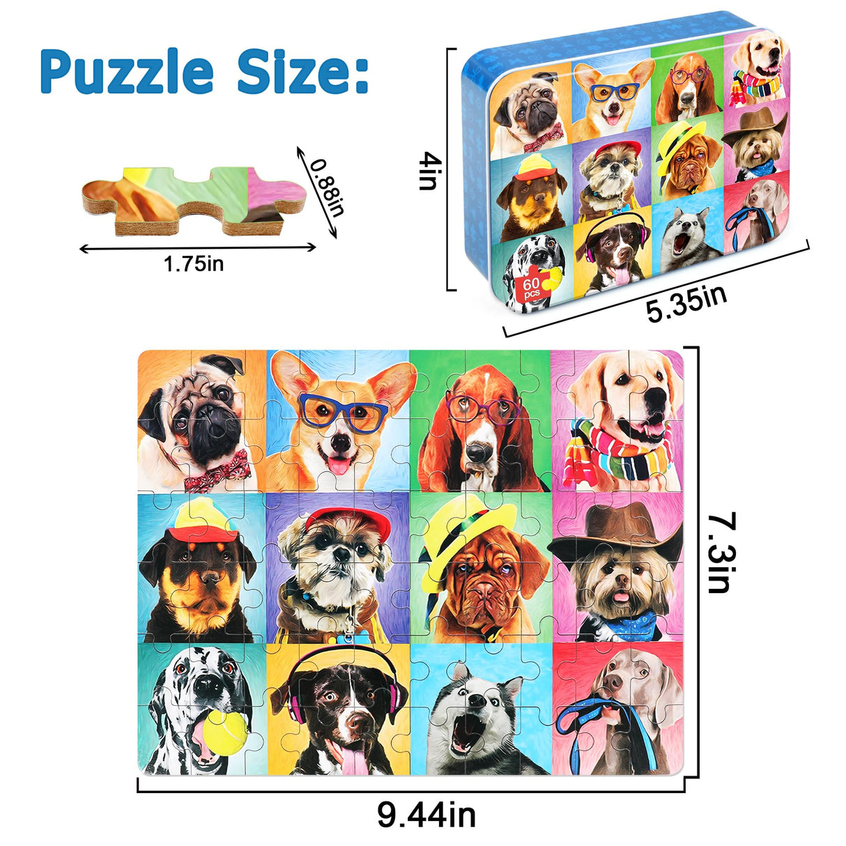 LELEMON Puzzles for Kids Ages 4-6,Dog 60 Piece Puzzles for Kids Ages 4-8,Children Jigsaw Puzzles Kids Puzzles in a Metal Box,Educational Learning Puzzle Toys for Girls and Boys LELEMON