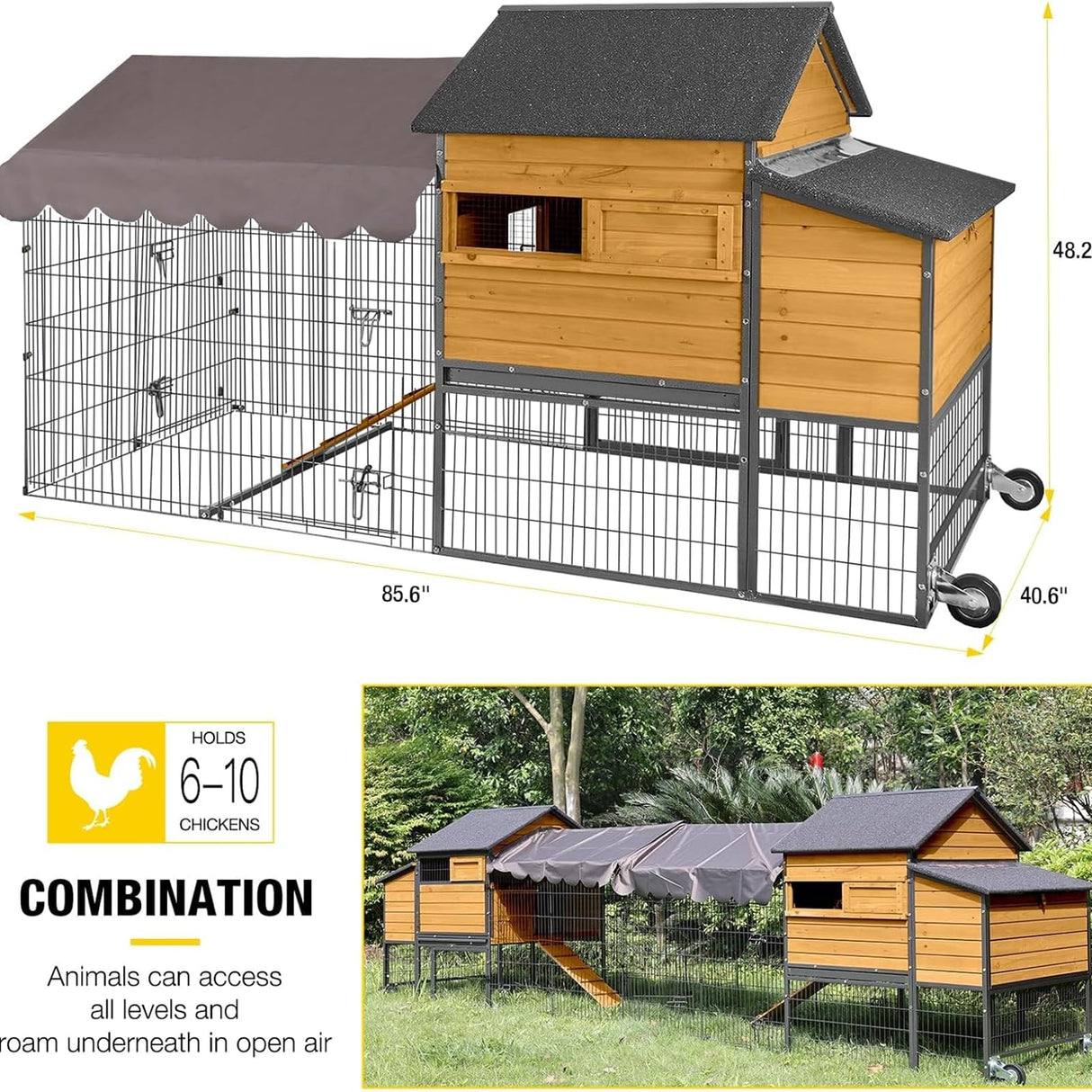 Chicken Coop All-Iron Frame Large Hen House Mobile Poultry Cage with Nesting Box,Metal Run,Waterproof Rain Cover Duck Coop, 85" Aivituvin
