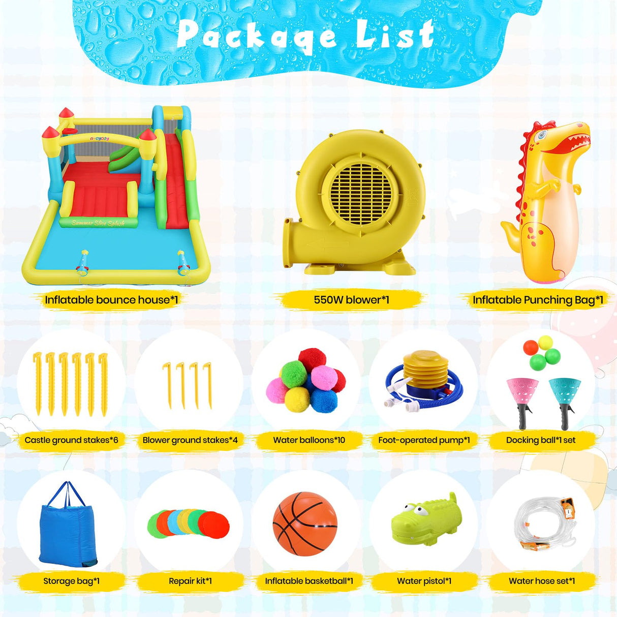 AKEYDIY Bounce House Water Slide for Kids 3-12 - Outdoor/Indoor Inflatable Water Bounce House with 3 Slides, Climbing Wall, Ball Pit & Jumping Area - Water Bouncy House Includes Blower (15.6ft x 11ft) AKEYDIY