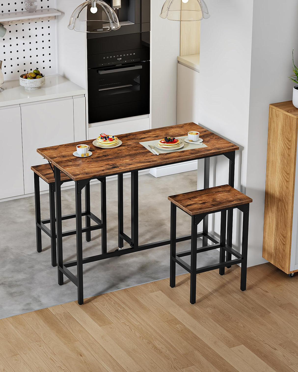 CHOEZON Bar Table and Stool Set, 39.4'' Folding Dining Table with 2 Stools, Industrial Style, for Restaurant, Living Room, Pub, Rustic Brown and Black TBT02BF CHOEZON
