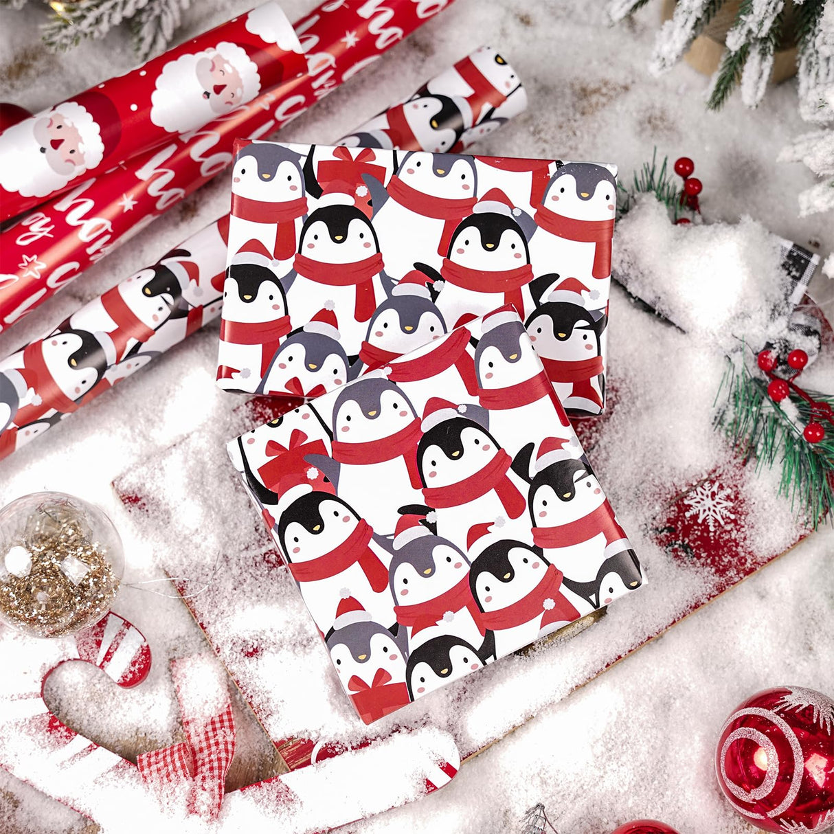LeZakaa Christmas Wrapping Paper Roll - Mini Roll - 3 Rolls - 17 Inch X 120 Inch Per Roll - Red & White Penguins, Ho, Santa Claus, Christmas Elements Holiday Collection LeZakaa