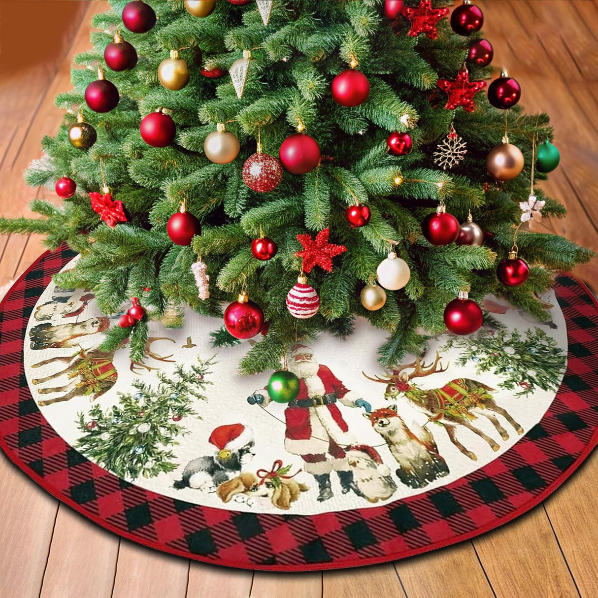 Christmas Tree Skirt 48 Inch Santa Claus Peace Love Xmas Tree Mat Decoration Winter Xmas Holiday Ornaments Home Party Decorations (Beige, 48x48 inch) Mocsicka