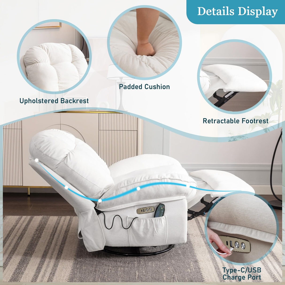 DYHOME Rocking Recliner Chair, Massage Rocker Recliner Chair with Vibration Massage and Heat, White Swivel Chairs, Soft Fabric Single Reclining Sofa for Living Room Bedroom, with USB Port DYHOME