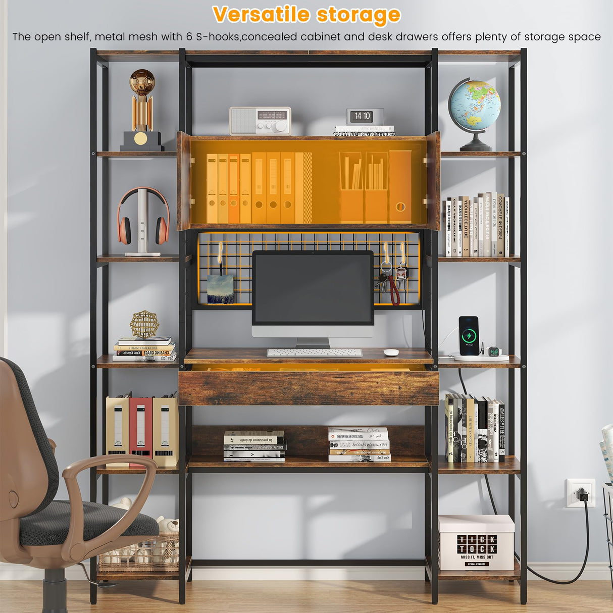 Nosepen 5 Tiers Rustic Bookshelf with Home Office Desk and RGB Lights and Power Outlet, 71.1" Tall Book Shelf with Drawer & Storage Cabinet & 12 Storage Shelves, Large Bookcase with 2 Doors, Brown Nosepen