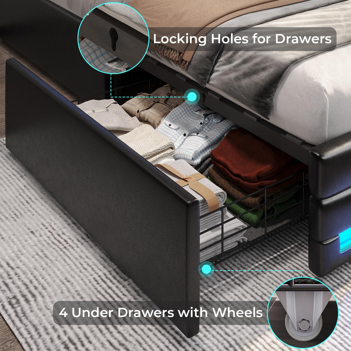 Elegant ADORNEVE Queen Bed Frame with LED Lights, Leather Platform and Storage Drawers, Adjustable Headboard, No Box Spring Needed - Black ADORNEVE