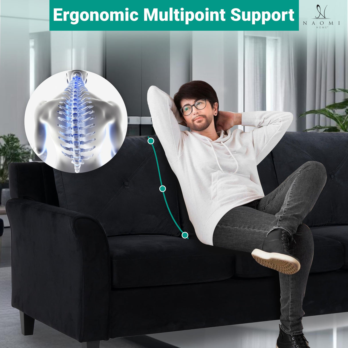 Naomi Home Raelynn Button Tufted Sofa Affordable Black Modern Sofa - Microfiber Couch for Small Spaces Sofa Cama para Sala Modernos Baratos - Durable Sturdy Living Room Furniture Tool-Free Assembly Naomi Home