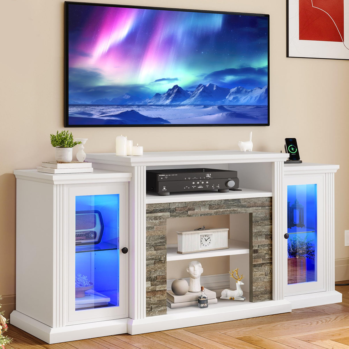 YITAHOME Modern TV Stand for 65 Inch TV, LED Entertainment Center with Power Outlets, Media Console TV Cabinet with Adjustable Shelves & Glass Door for Living Room, White, 59'' TV Stand YITAHOME