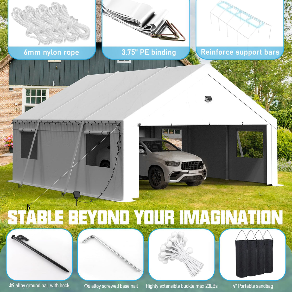 Benass Carports 20x20 Heavy Duty, Portable Garage 20x20 with 2 Roll Up Zipper Doors and Mesh Windows, Driveway Car Port Canopy, White Benass