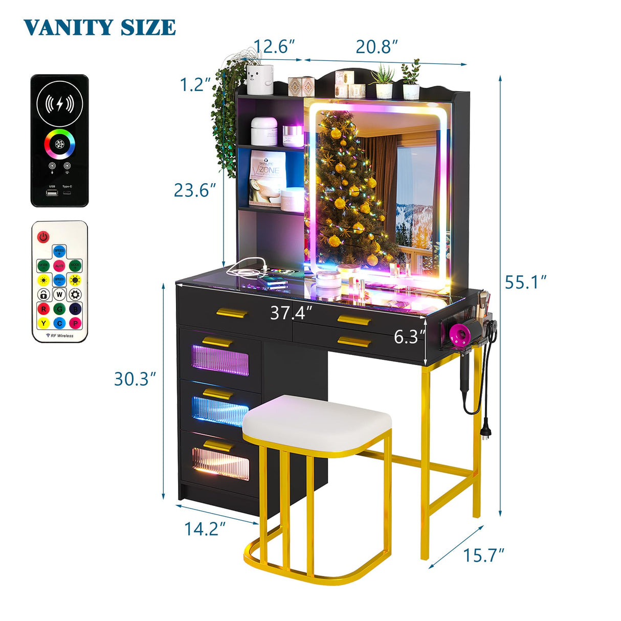 WOOVIVS RGB Vanity Desk with Sliding Mirror and Lights, LED Makeup Vanity with Charging Station/Motion Sensor Light, Glass Top Vanities Dressing Table Set with Jewelry Box,6 Drawers,Stool (Black) WOOVIVS