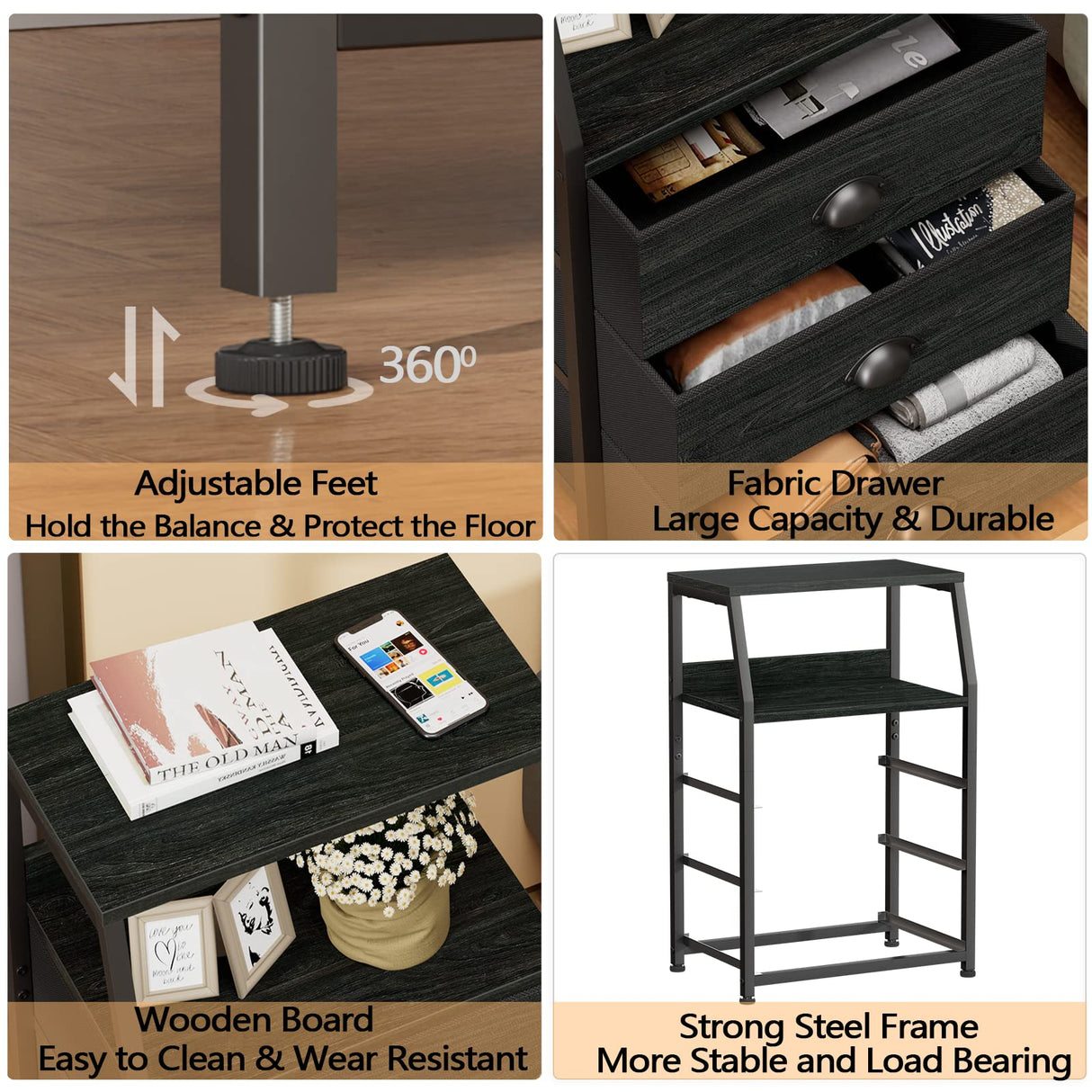 Furnulem Black Night Stand, Small Dresser for Bedroom, Nightstand with 3 Fabric Storage Drawers and 2-Tier Shelf, End Table Side Furniture for Closet, Hallway, Nursery, Sturdy Steel Frame, Wood Top Furnulem