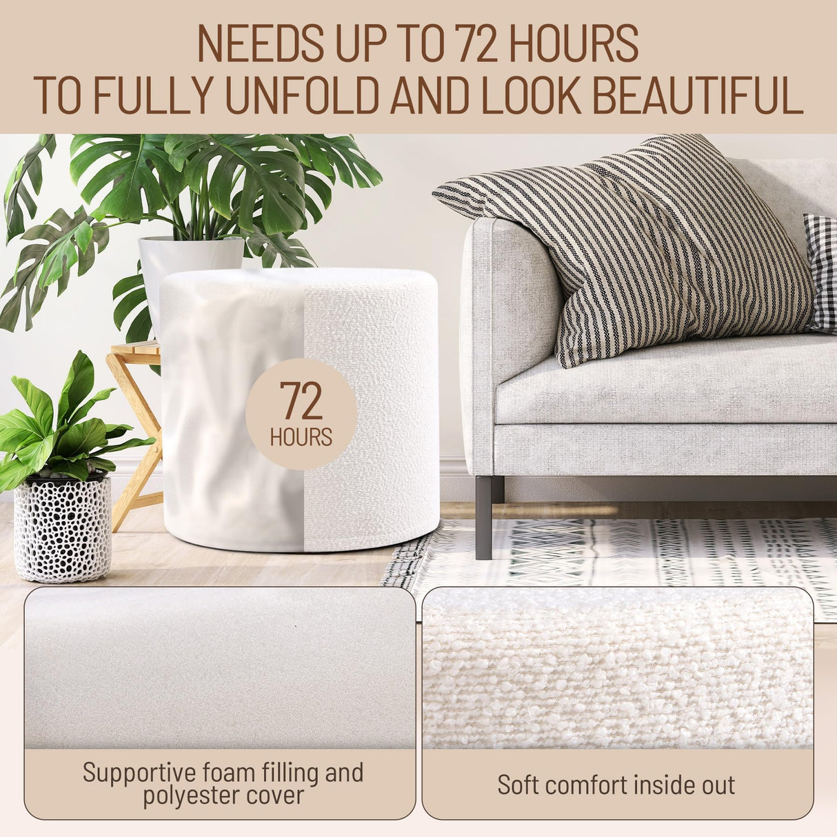 KKdema Round Pouf Ottoman and Foot Rest, Soft Boucle Footstool Ottomans for Living Room, Comfort Foam Stuffed Poofs for Couch Desk Resting Your Feet, White KKdema