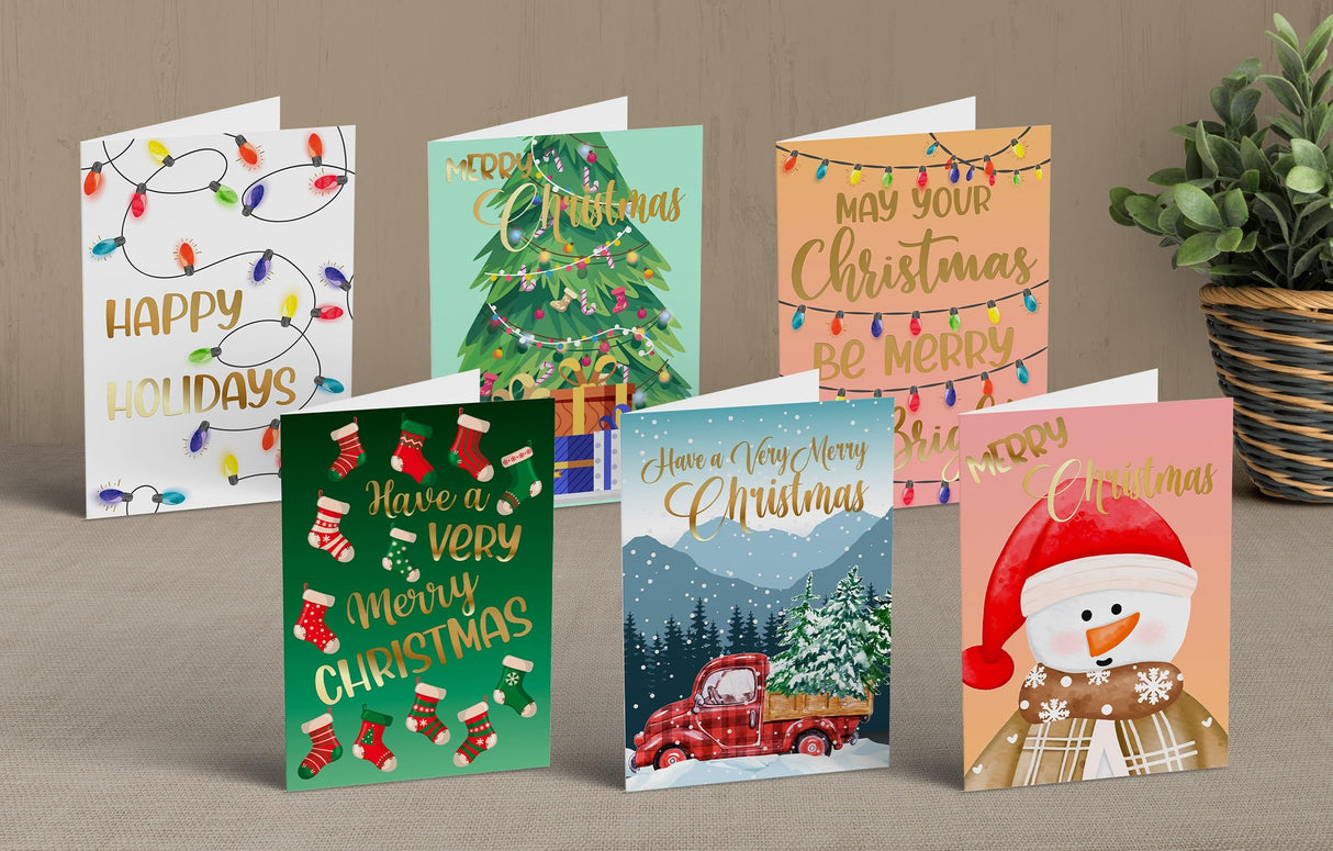 Better Office Products 50 Pack Christmas Cards Set with Gold Foil Accents, 4" x 6", Fun & Festive Designs, Blank Inside, Boxed Set Better Office Products