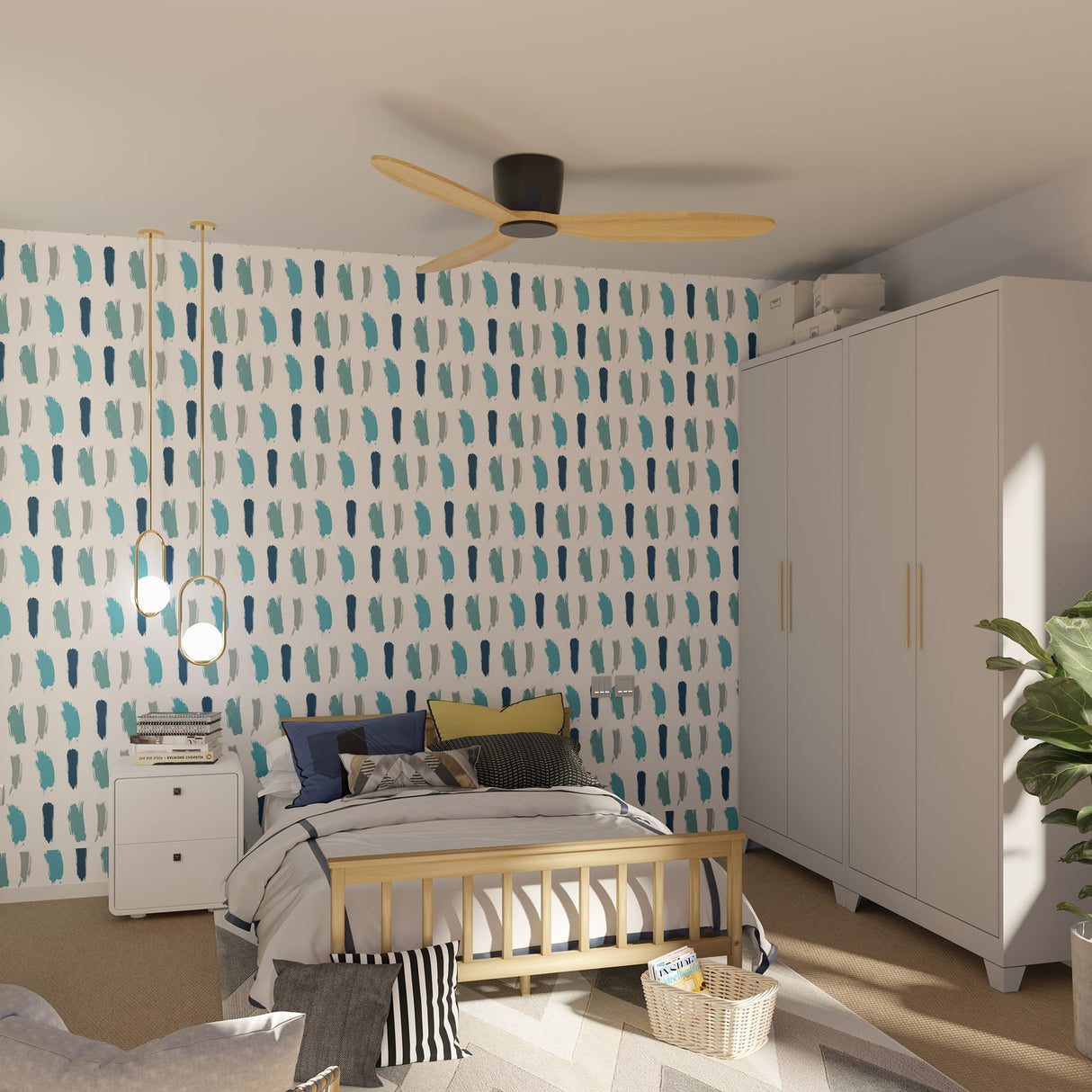 Flush Mount Ceiling Fan no light with Remote, 52 inch Low Profile Wood Ceiling Fan no light, Modern Ceiling Fan without light for Outdoor, Bedroom, Natural Wood and matte Black, DC Motor, 6 Speed OUATER