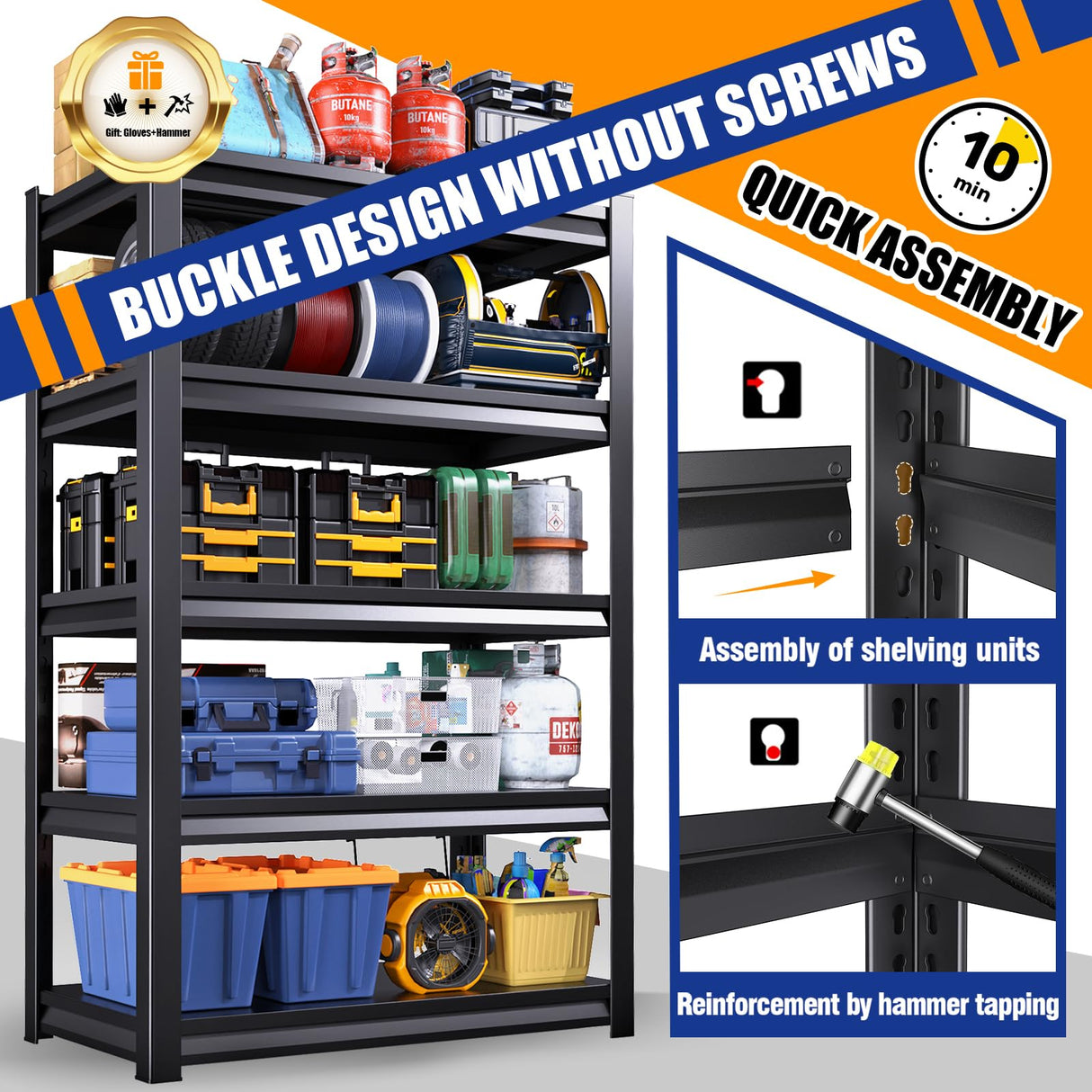 LLIIFFEE 72" H Garage Shelving,5 Tier Metal Shelving Unit,Adjustable Storage Shelves Rack,3000LBS Heavy Duty Garage Shelves,Office,Warehouse,Basement,Black (72" H*36" W*16" D) LLIIFFEE