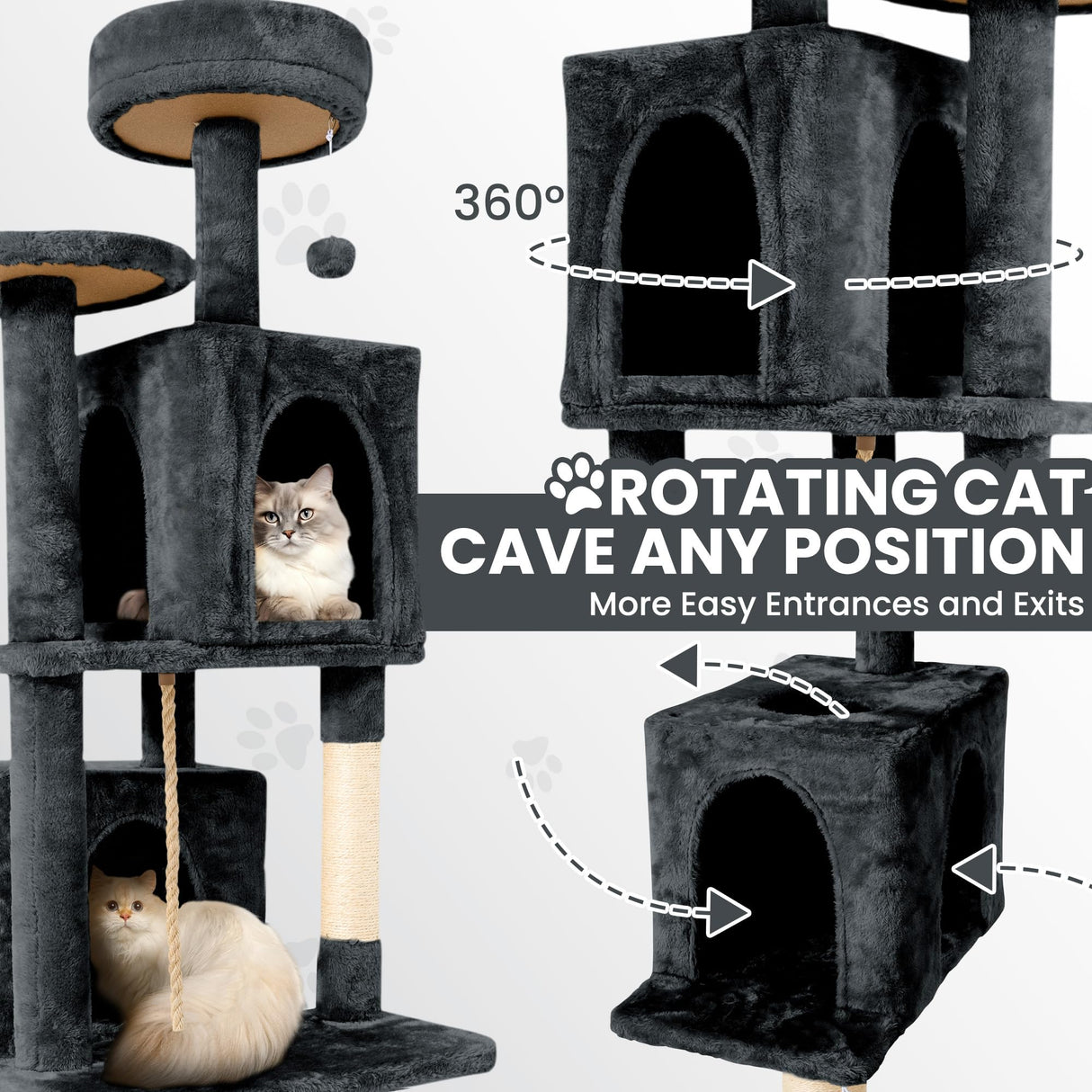 TSCOMON 58.5inch Large Cat Tree Tower Condo for Indoor Cats, Soft Plush Multi-Level Climbing Tree Cat House with 1 360° Rotating Cat Cave, Scratching Post, More Entrance/Exit, Sisal Rope, Grey Black TSCOMON
