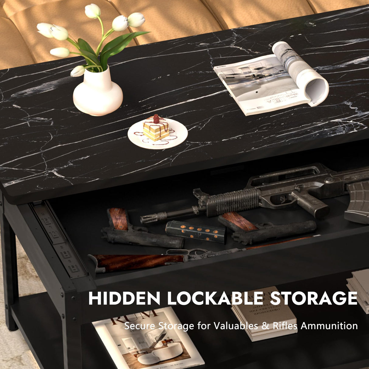 Gun Safe with Biometric Lock, Biometric Fingerprint Gun Safe for Rifles and Pistols, Hidden Gun Storage for Jewelry Money Rifles Pistols and Ammo, Use as Coffe Table (Black Marble Wood) Xyvaly