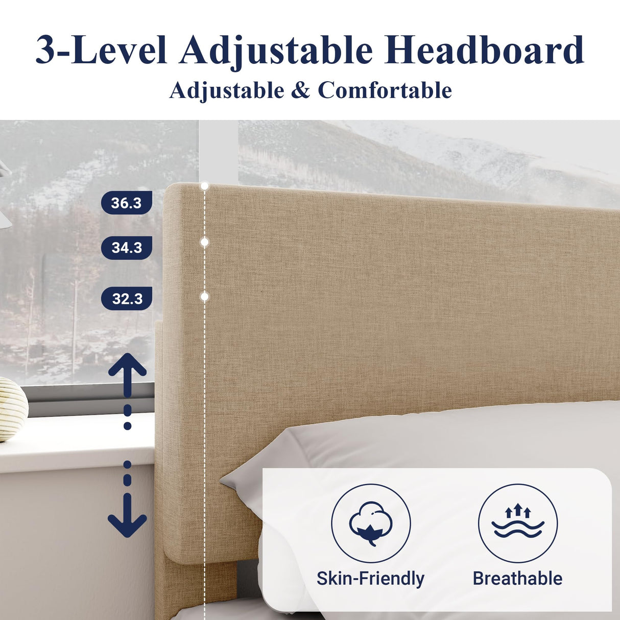 Allewie Queen Size Bed Frame with Adjustable Headboard, Upholstered Platform Bed with Wood Slats, Heavy Duty Mattress Foundation, No Box Spring Needed, Noise-Free, Easy Assembly, Beige Allewie