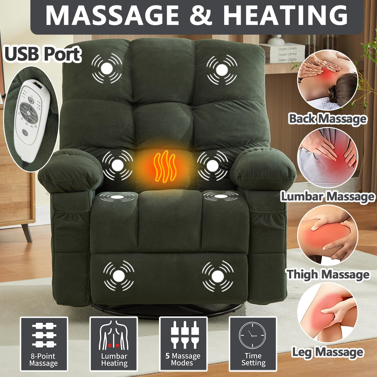 Oversized Recliner Chair & Massage Chair Recliner with Heat,Cozy Lazy Boy Recliners Chairs for Adults, Rocker Recliners Chairs&Manual Reclining with Adjustable Backrest,Pockets (Green) HRVEOCEI