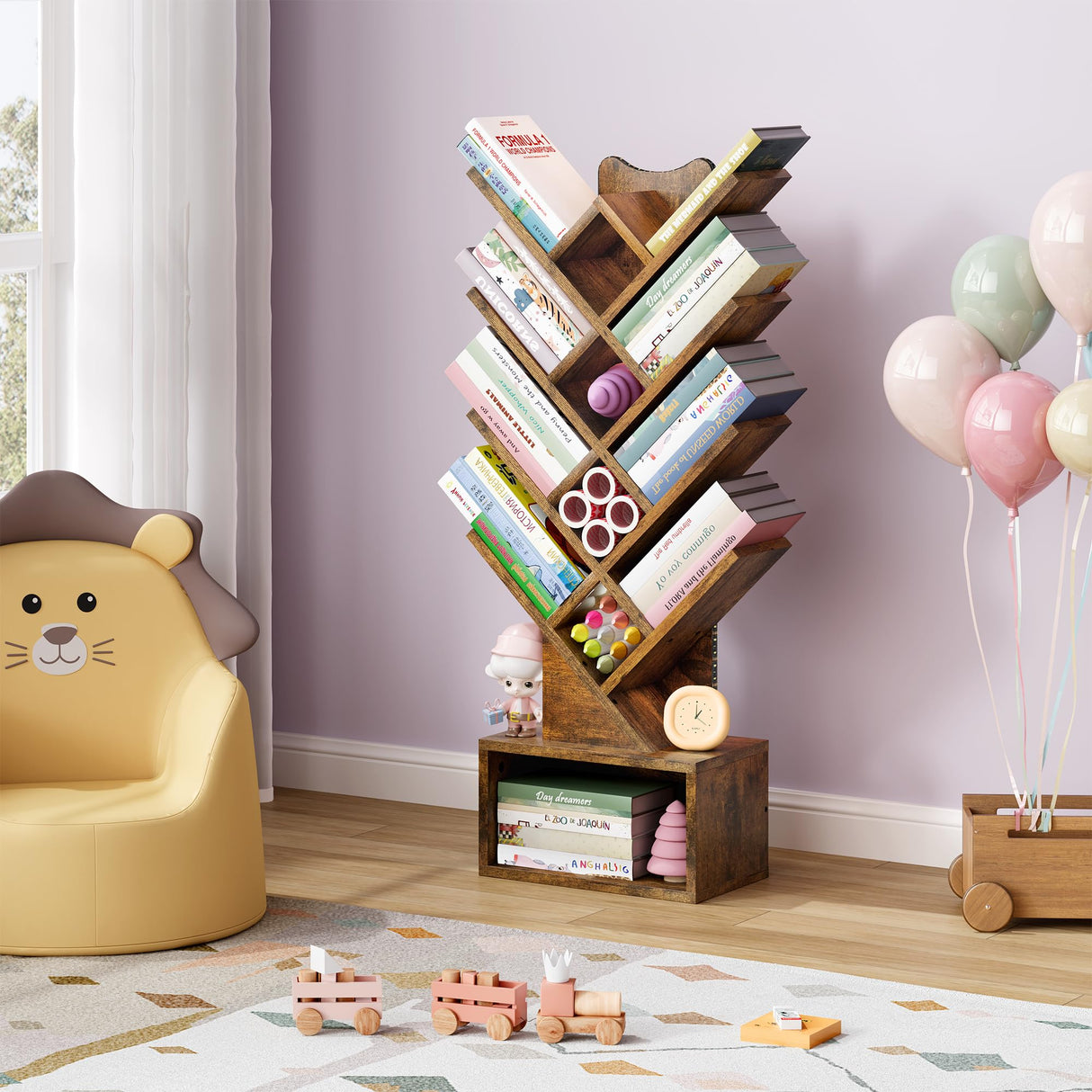 Gewudraw Tree Bookshelf with Lights LED, 4 Tier Book Shelf, Small Tree Bookcase with Storage Organizer,Floor Standing Corner Bookshelf for Bedroom, Living Room & Home Office, Rustic Brown Gewudraw