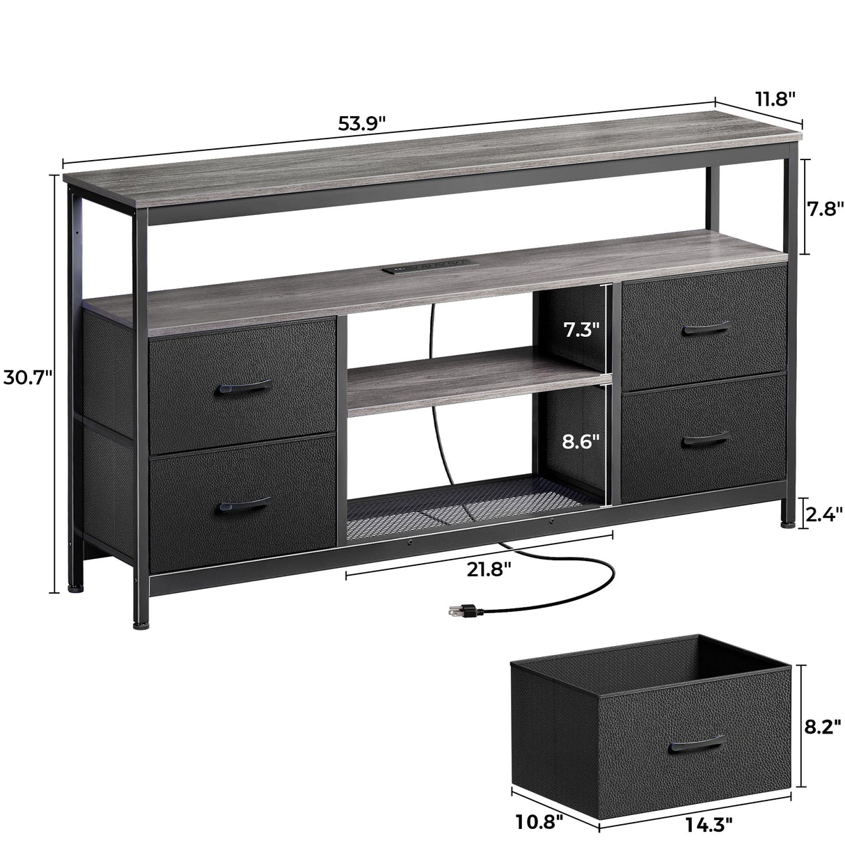 Huuger TV Stand Dresser with Power Outlets and LED Lights, 4 Drawers Entertainment Center with Shelves, 54in Media Console for 55 60 Inch TV, Dresser with PU Finish, Grey and Black Huuger