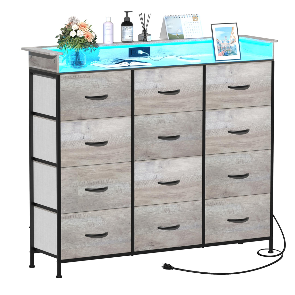 Welfuturer Dresser for Bedroom with 12 Drawers LED Dressers & Chests of Drawers Charging Station Fabric Dresser Storage Organizer Unit for Hallway Entryway Closets Sturdy Steel Frame Wood Top Gray Welfuturer