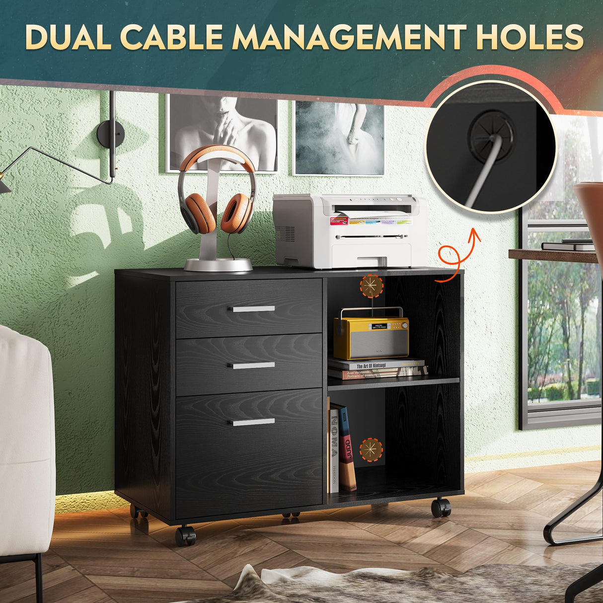 DEVAISE 3 Drawer Mobile File Cabinet, Wood Lateral Filing Cabinet, Printer Stand with Open Shelves for Home Office, Black DEVAISE