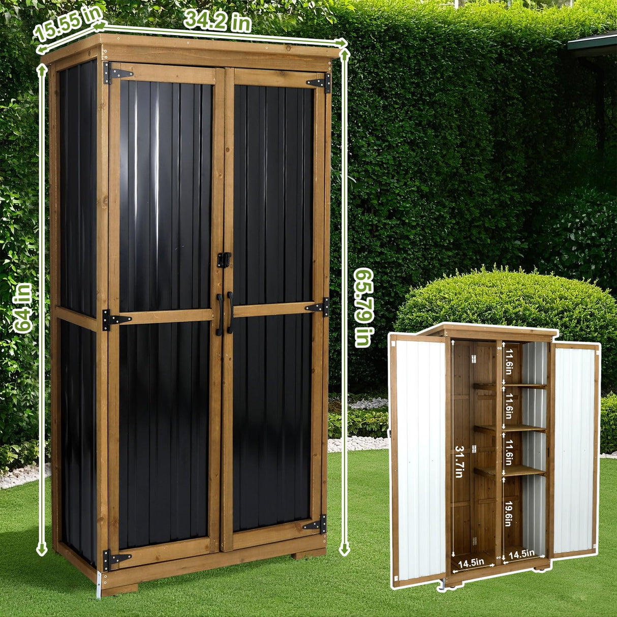 Outdoor Storage Cabinet,Wood & Metal Storage Shed with Lockable Doors & Adjustable Shelves,Vertical Outdoor Cabinets for Patio Backyard, Gardening Tools and Accessories,Brown Magazoopet