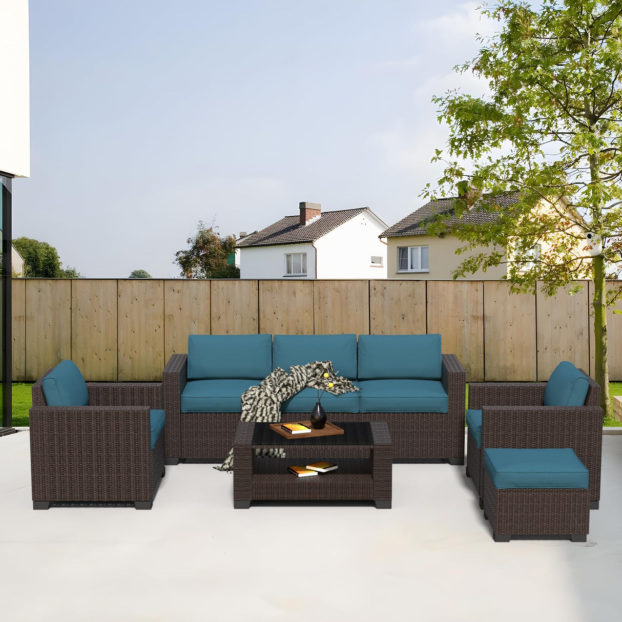 YLGJ&TIDY 7-Piece Outdoor Sectional Patio Furniture Set, All-Weather Wicker Rattan Sofa w/Thick Washable Cushions & Tempered Glass Table, Perfect for Garden, Poolside, Backyard (Brown&Peacock Blue) YLGJ&TIDY