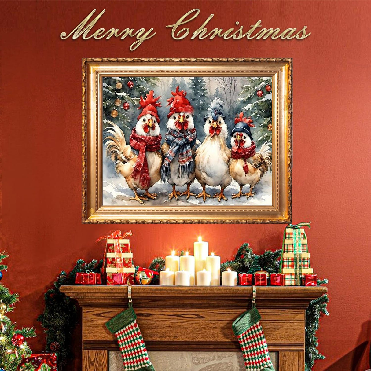 Ekuxom Chicken Diamond Art Kits for Adults, Winter Christmas Diamond Art Kits for Adults, Full Round Christmas Chicken Diamond Painting Gem Art Home Wall Decor 16x12 inch Ekuxom