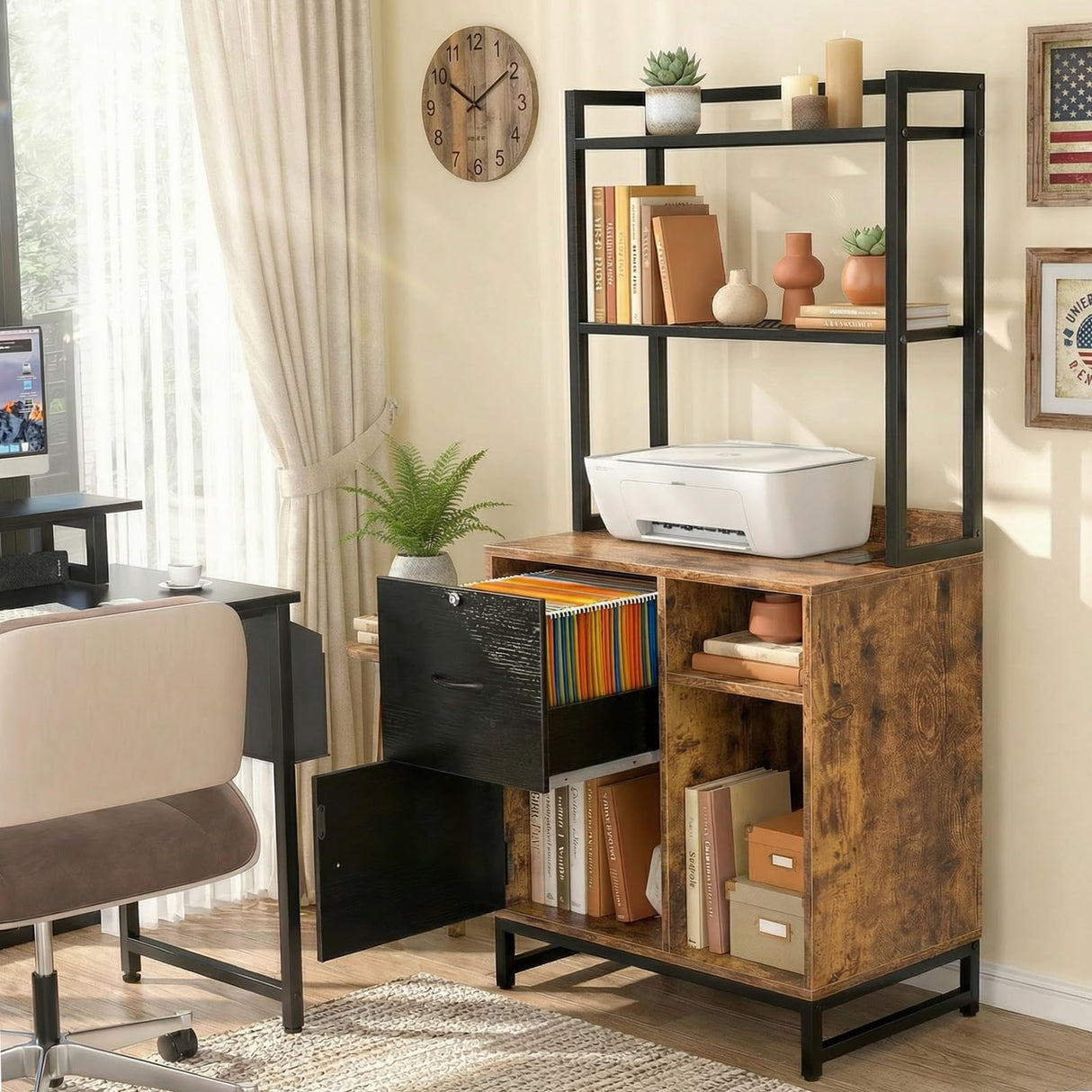 Homieasy Vertical Filing Cabinet with Bookshelf for Home Office, File Cabinet with Shelves, Lock & Charging Station, Drawer Office File Cabinets with Printer Stand, fits Letter Size, Rustic Brown Homieasy