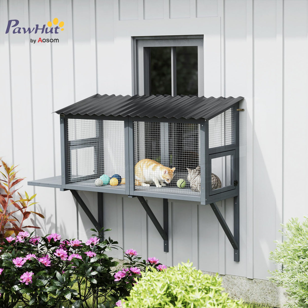 PawHut Cat Catio, Catio Outdoor Cat Enclosure for Multiple Kittens with Wooden Window Box, Jumping Platform for Safely Enjoying Outdoor Sights, Sunbathing, Napping, Playing, Gray PawHut