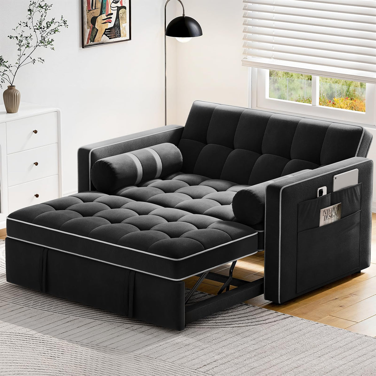 Pipishell 3 in 1 Convertible Sleeper Sofa Bed,Pull Out Couch for Living Room with USB Ports & Side Pockets,Adjustable Backrest,Velvet,Loveseat Sofa Bed,Futon Couches,Black Pipishell