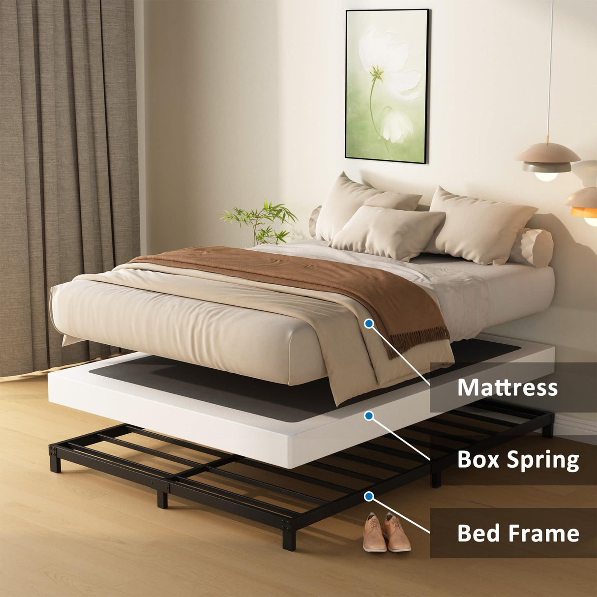 DiaOutro 4 Inch Full Size Box Spring with Fabric Cover, Noise Free Mattress Foundation, Heavy Duty Bed Base, Easy Assembly, Black, White DiaOutro