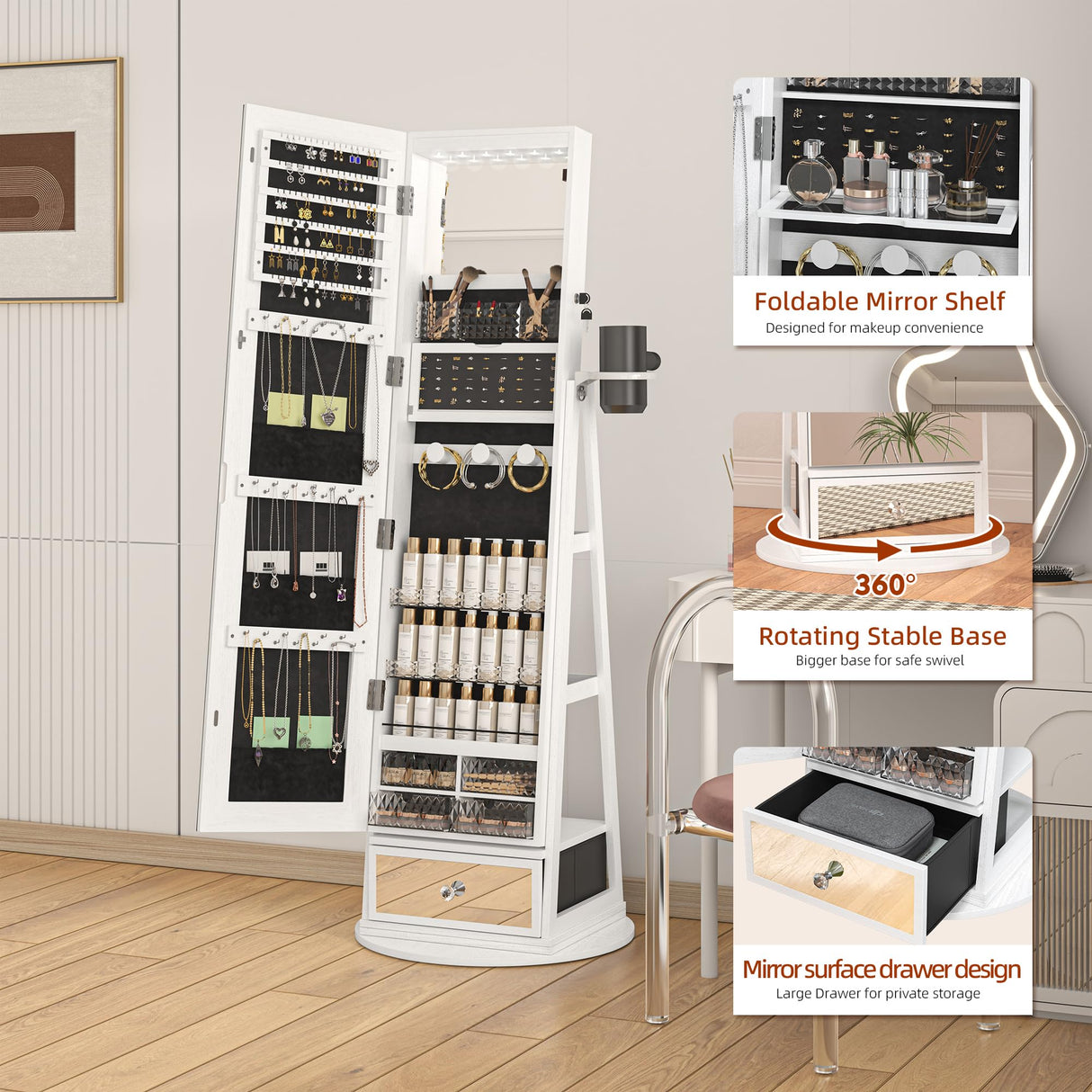 TJYGO 360° Swivel Jewelry Cabinet with Mirror, 6 LED Lights, Rotatable Full Length Mirror with Jewelry Storage Shelf, Standing Jewelry Armoire Organizer, Foldable Makeup Shelf TJYGO