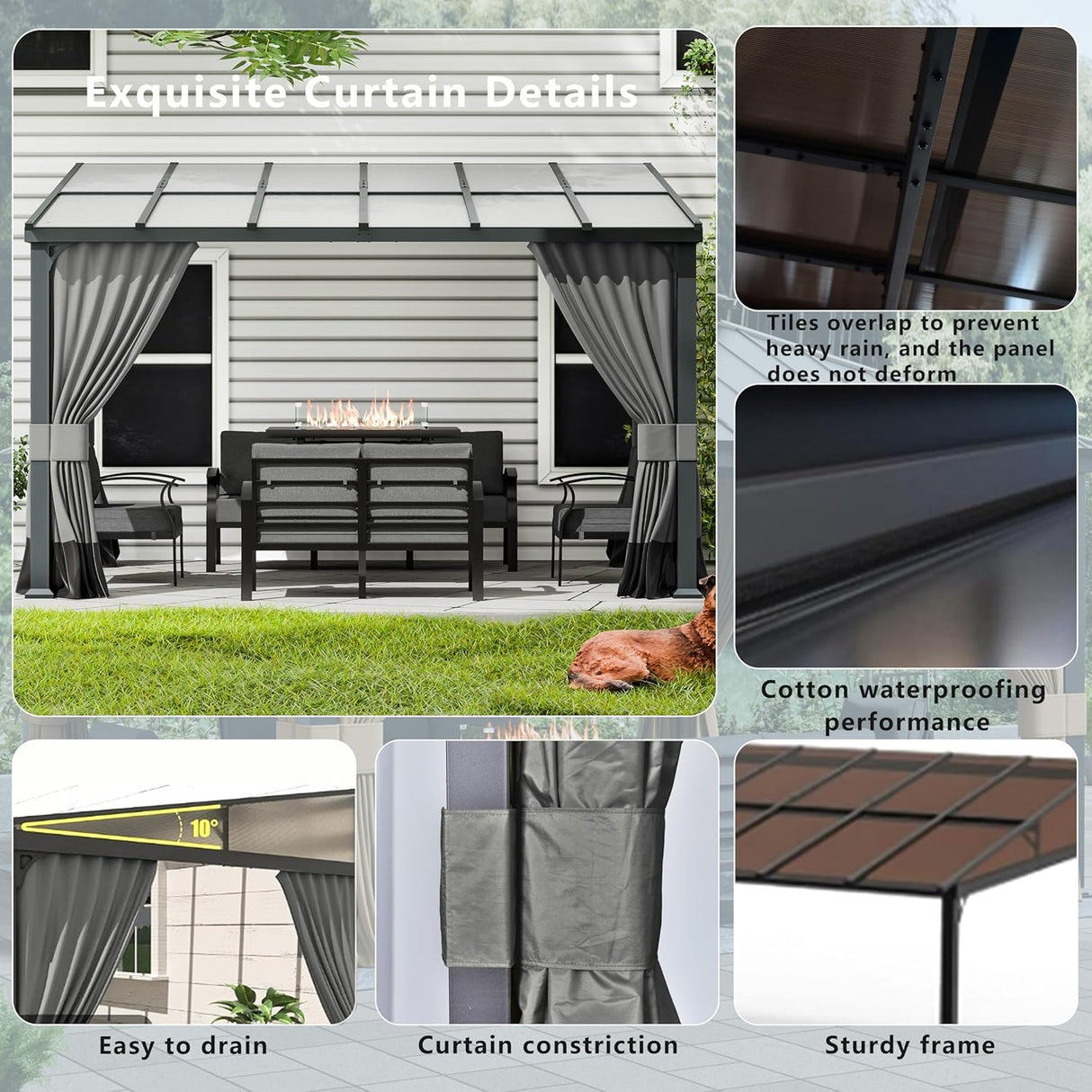 ASJMR Outdoor Lean to Gazebo 10x24FT, Hardtop Wall Mounted Gazebo with Sloping Sun Panel Roof, Awnings for Patio with Metal Frame, Double Curtains for Garden, Lawn, Backyard Deck ASJMR