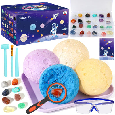 QLKUNLA Gemstones Dig Kit, Excavate 24 Real Gems in Solar System STEM Educational Space Toys for Boys & Girls Archaeology Geology Science Project Gift
