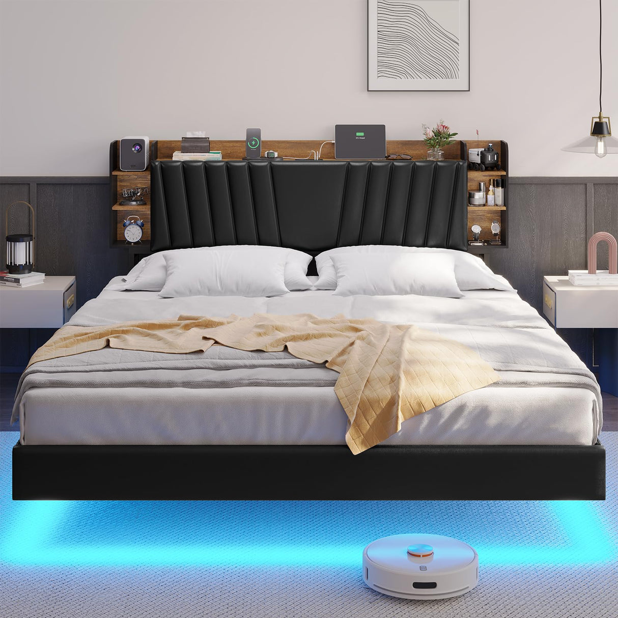 DICTAC California King Floating LED Bed Frame with Storage Headboard and Charging Station in Black and Rustic Finish DICTAC