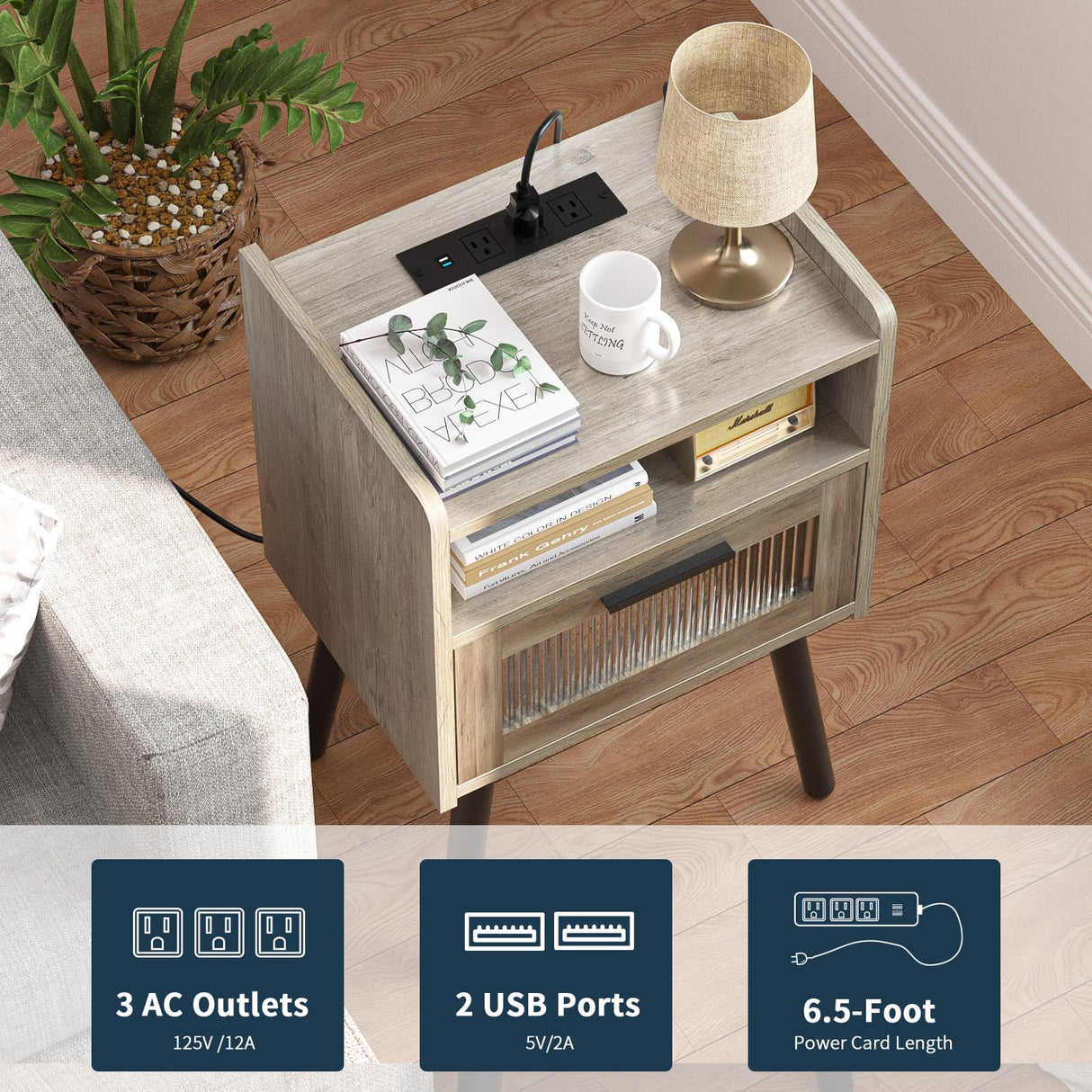 HAIOOU Set of 2 Mid Century Nightstand with Charging Station, Mid Century LED Light Modern End Table with Drawer, Glass Door, Open Shelf, Small Side Table Pine Wood Legs for Home Bedroom Living Room HAIOOU