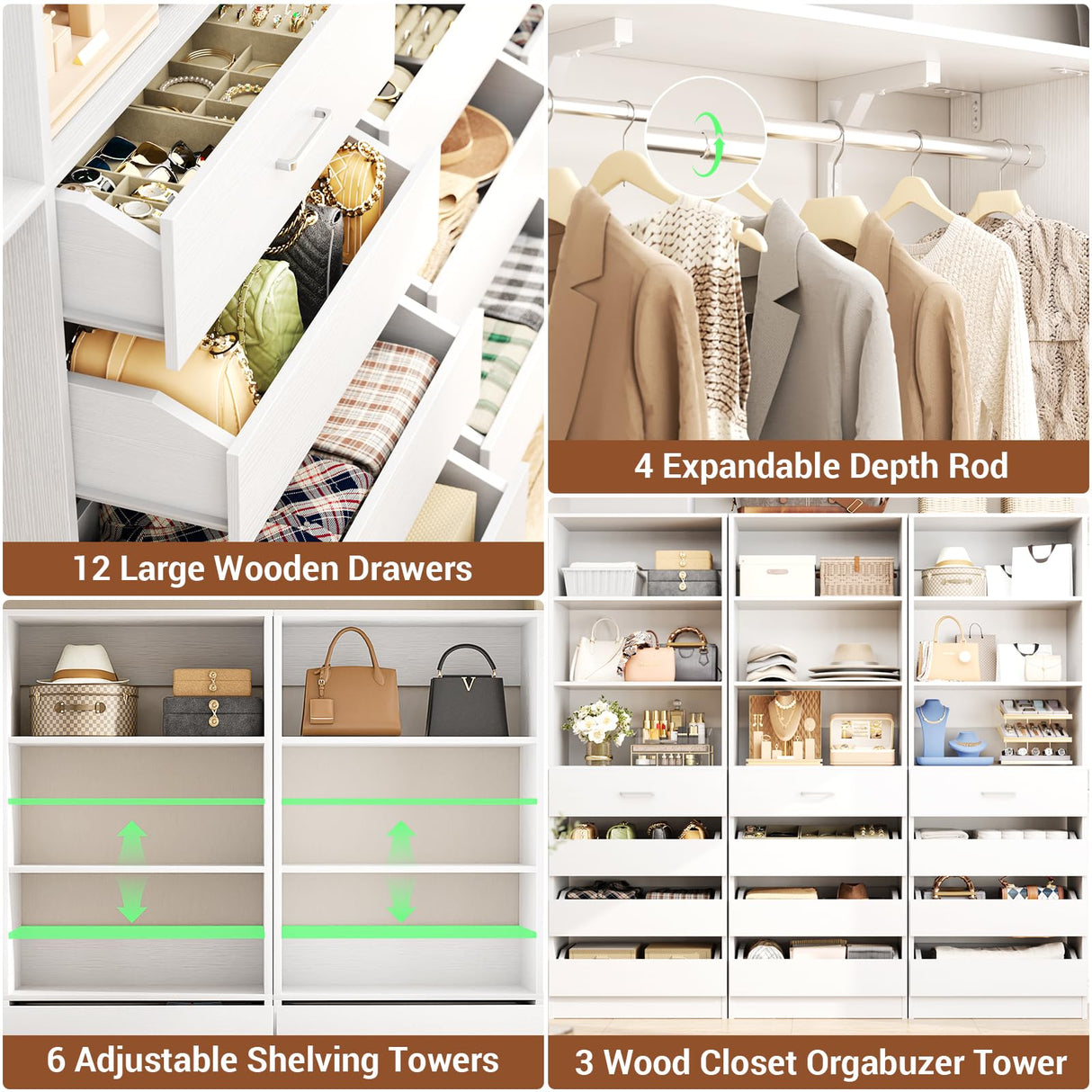 Aheaplus Closet System Set of 3, 138.5" Wood Closet Organizer System Tower with 12 Drawers & 4 Hanging Rods, 6.7+4.85Ft L Shaped Walk-in Closets Wardrobe Organizer Garment Rack with Shelves, White Aheaplus