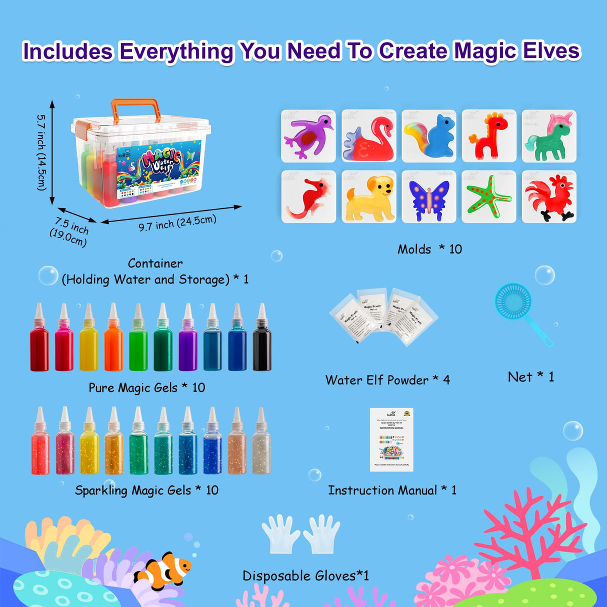 Kiditos Magic Water Elf Toy Kit, Aqua Fairy Water Gel Kit-20 Magic Gel&10 Animal Molds–Make Your Own Water Pets & Squishy Toys–Fun Summer DIY Craft Kit, Birthday Gifts & Party Favors for Kids Ages 3+ Kiditos