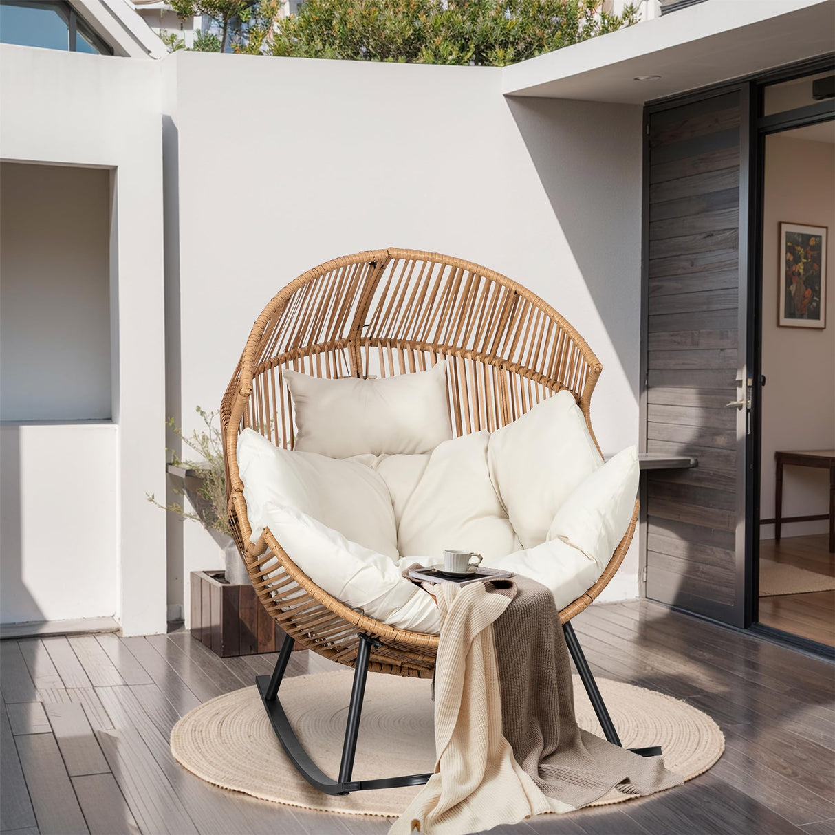 JAMFLY Egg Chair Outdoor Rocking Chairs, Wicker Patio Chair Oversized Lounger Chair with Cushion for Indoor Living Room Bedroom Outside Patio Backyard Balcony, Beige JAMFLY